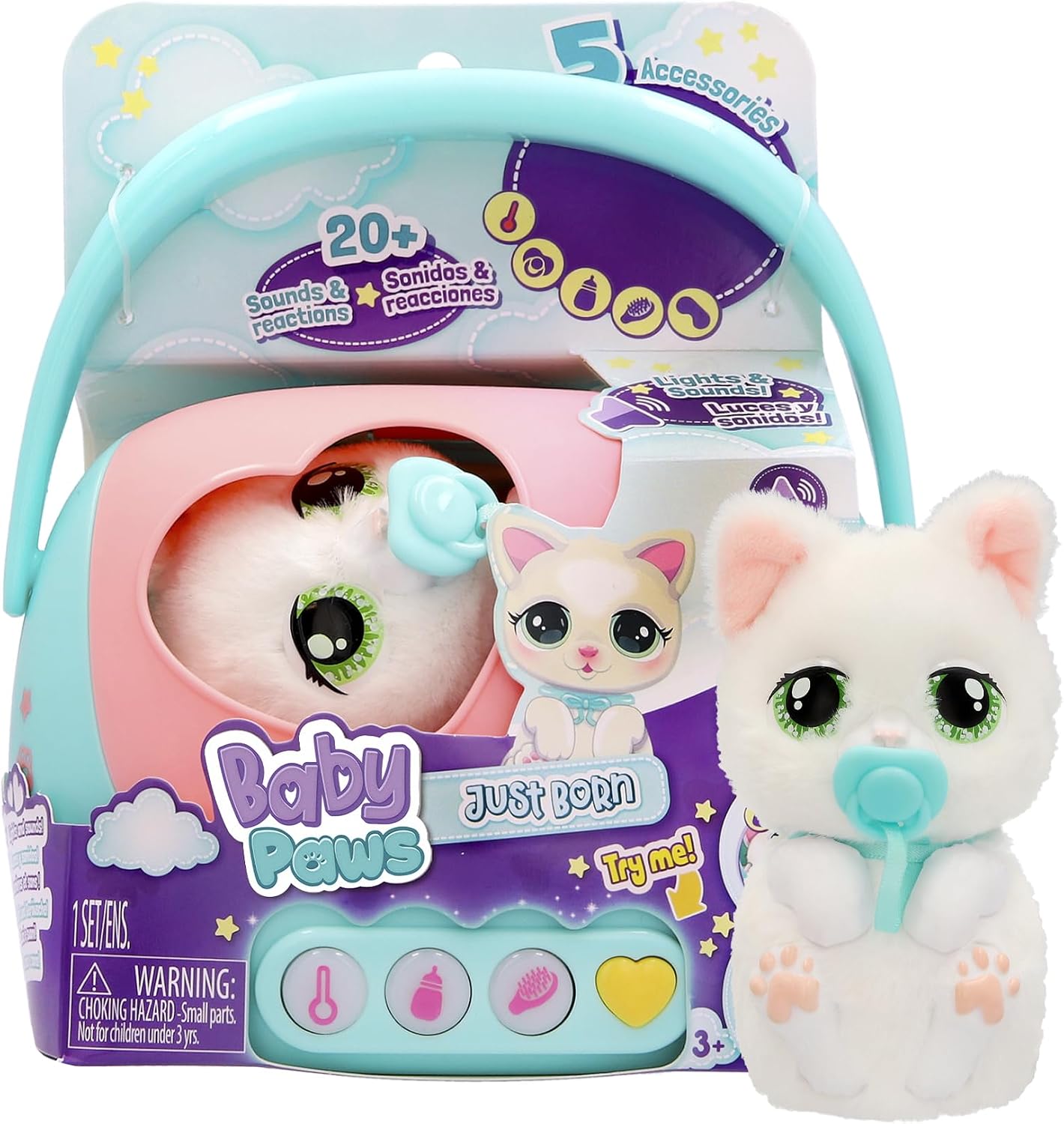 Baby Paws Just Born Gatito Mascotas INTERACTIVAS Mascota con Un Transportín Electrónico con Muchas Funciones A Partir de 3 Años