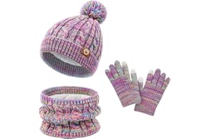 KIRAAT Kinder Winter Pom Beanie Hut Schal Handschuhe Set, Kleinkind Mädchen Warm gestrickte Fleece Futter Slouchy Cap für 3-10 Jahre