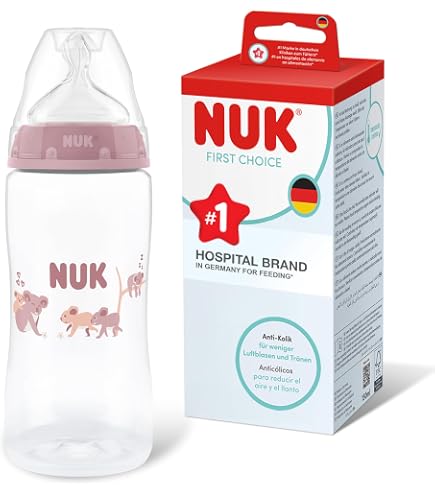 NUK First Choice+ Lot De 3 Biberons 300 Ml Anti-Coliques – Tétine Silicone Souple, Contrôle Température, Motif Girafe Rose – 0-6 Mois