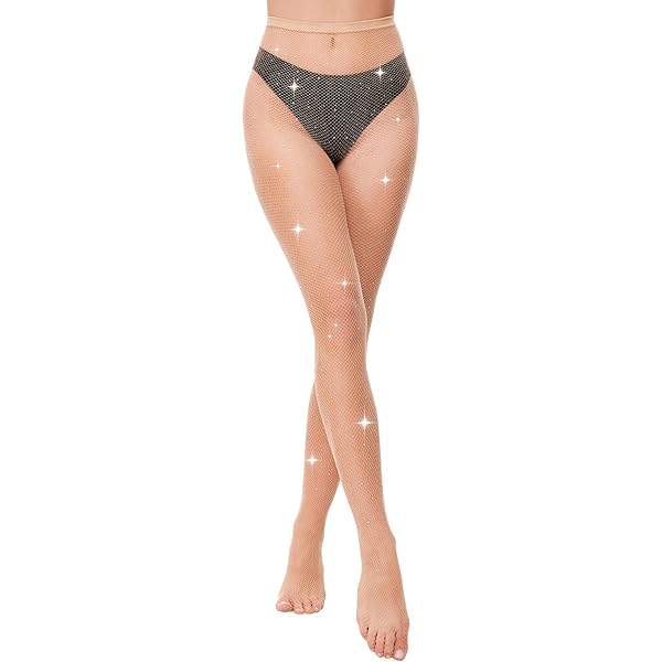 MELLIEX Netpanty zwart nude, strass fishnet panty's hoge taille netpanty glitter panty dames, One size