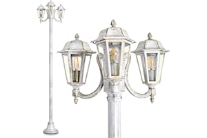 HOFSTEIN Lámpara de exterior NATAL, candelabro en aspecto antiguo, aluminio fundido en blanco/oro con cristales, lámpara de camino de 3 brazos 210cm, lámpara de jardín retro/vintage, E27, IP44, sin bombilla(s)