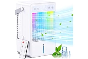HONMICON Aire Acondicionado Portatil, 1500ml Mini Enfriador de Aire Silencioso con Mando a Distancia, USB Ventilador con 5 Velocità de Viento & 3 Modos, 10H Timer, Luces de Colores, Ideal para Hogar/Oficina