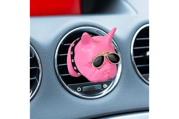 Diffuseur d'huiles essentielles d'aromathérapie de Bouledogue français avec lunettes de soleil De Voiture Aromatherapy, Voiture Désodorisant de Diffuseur Parfum Clip pour Voiture, Salon, Bureau, Rose