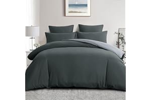 Aisbo Housse de Couette 220x240 Réversible - Parure de Lit Bicolore Adulte 2 Personnes avec Fermeture éclair, Parure Housse Coutte 240 x 220 avec 2 Taie Oreiller 65x65, Anthracite et Gris Clair