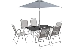 Outsunny Ensemble Salon de Jardin 8 pièces avec Grand Parasol, Table dim.140L x 90l x 70H cm et chaises Pliantes pour 6 Personnes - métal époxy textilène Polyester Noir et Gris