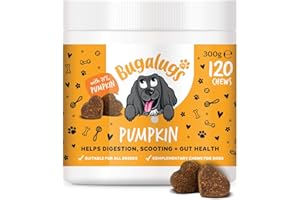 Bugalugs Dog Chews with Pumpkin Powder For Dogs - Natural Dog Treats with Pumpkin Puree. Grain free dog treats rich in Prebiotics & Fibre for dogs helps Digestion, Scooting + Gut Health - 120 chews