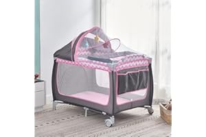 URKITD 2 in 1 Baby Travel Cot with Mattress 114x77cm, Portable Infant Nursery Center Playard (Birth to 3Y), Foldable Baby Crib Playpen with Changing Table, Mosquito Net, Wheels, Carry Bag, Blackish Blue-Pink