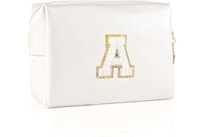 Hiyouer Personalized Initial Makeup Bag, Preppy Patch White Cosmetic Bag PU Leather Waterproof Make Up Bag with Chenille Letter Makeup Pouch for Gift for Girls Women (Letter A)