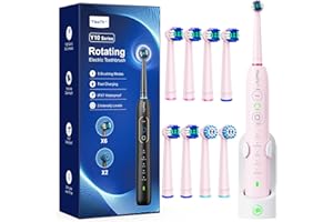 YTEATH PRO Brosse À Dent Électrique Rotatives pour Adultes Enfant - Brosses À Dents Rotatives avec 3 Intensités 5 Modes, 8 Têtes de Brosse, Étanche IPX7, Brosse A Dent Electrique de Voyage, Rose
