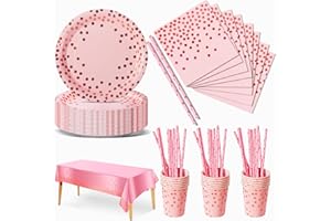 Nkaiso Paper Plates Napkins Cups Set, 126Pcs Pink and Rosegold Party Tableware, Birthday Decoration Party Supplies Set Birthday Paper Plates Cups Napkins Straws -25 Guests