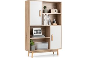 COSTWAY Regał na książki z 2 drzwiami i 4 otwartymi półkami, drewniany, stojący, do salonu, gabinetu, 80 x 24 x 119,5 cm (kolor biały)