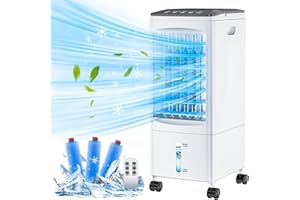 TPOVINPT Enfriador de Aire Grande, Aire Acondicionado Portátil Silencioso, 4 en 1 Climatizador Evaporativo 5.5 L Tanque,Temporizador de 1-7 H, 2 Modos 3 Velocidades, Ruedas, Control Remoto para Hogar Oficina