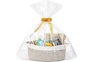 Hiseng Panier Cadeau Vide, Panier de Rangement Tissé en Corde Coton avec Sachet en Cellophane et Ruban, Panier Pliable avec Poignées pour Cadeaux de NoëL, Fleurs, Serviettes (Marron,1)