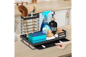 LOVICVKEM Organizer Lavello Cucina porta spugne lavello cucina Porta Spugne Lavello Cucina con Padella di Scarico Porta Spugna Cucina Lavello Inox Non Necessita di Foratura Antiruggine (Nero)