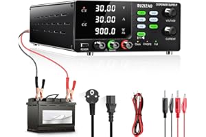 RUZIZAO Alimentatore da Banco 30V 30A 900W Alta Potenza, Per la 6V 12V 24V Ricarica Della Batteria etc. Alimentatore da Laboratorio, Funzione di Archiviazione Dati,Uscita pulsante,Pulsante OCP
