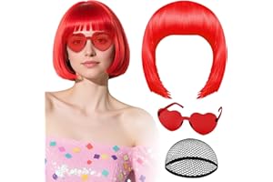 PLULON Red Bob Wig with Heart Sunglasses and Hair Cap, Colorful Short Bob Wigs Synthetic Party Wigs Funny Cosplay Hairpieces for Women Men Daily Bachelorette Halloween Costume Party Decorations