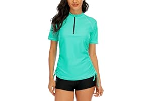 Halcurt Women's Rash Guard UV Protection UPF 50+ Short Sleeve Zipper Swimsuit