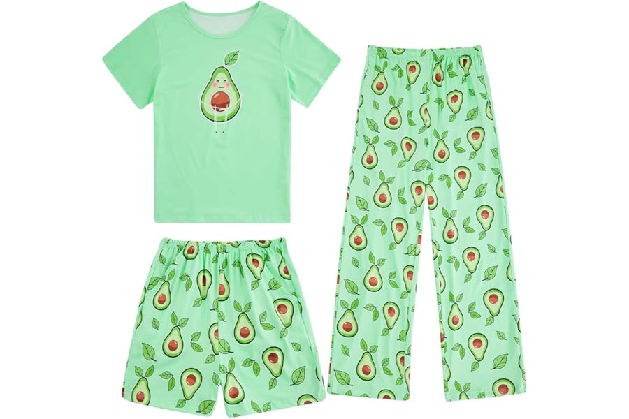 Fanient Girls Pyjamas Sets Girls Colorful Printed Pyjamas Sleepwear Short Sleeve Nightwear for Girl Pjs 3 Piece Sets 7-14 Years