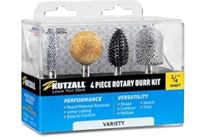 Kutzall 4-Piece Rotary Burr Kit - 1⁄4" Shaft, Variety Grit - Woodworking Attachment for Bosch, DeWalt, Makita, Milwaukee Tools - Structured Tungsten Carbide (14VKIT01)