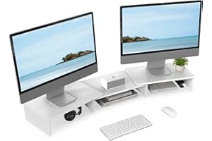 FITUEYES Soporte Monitor Elevador Monitor de Madera con Longitud y Ángulos Ajustables para 2 Monitores 92.5-108 x 23,5 x 10,2cm (Blanco)