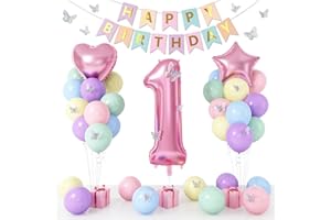 DAGELAR 1st Birthday Decoration for Girls, Pastel Macaron 1st Birthday Balloon, Pink Number 1 Balloon with Butterfly Stickers, Star Heart Foil Balloons Banner Set for Baby 1 Year Old Party Decor