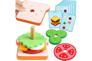 GOUJFOL Wooden Hamburger Sandwich Children's Stacking Toy, Children's Kitchen Accessories Wooden Burger Food Cooking Toy Bread Wooden Stack Play Kitchen Role Play Gift for Boys Girls 3+ (Sandwich)