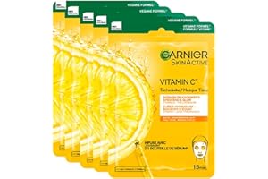‎GARNIER Garnier Feuchtigkeitsspendende Tuchmasken für sensible Haut, Mit Hyaluronsäure und Vitamin C, Für strahlende Haut und einen Glow-Effekt, SkinActive, 5 x 1 Masken