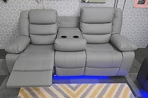 GENERIC Madrid Leather Electric Recliner Sofa With Cupholders - Leather Sofa - 3+2 Seater - USB Charging Ports - LED Lights (Grey, 3 Seater)