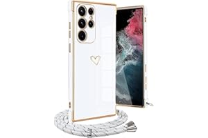 Meeter Funda Cuerda para Samsung Galaxy S23 Ultra, Carcasa con Correa Collar Silicona TPU Ultra Fina Flexible Case Anti-Choques y Anti- Arañazos, Cámara Protección Love-Heart Cordón Cover,Blanco