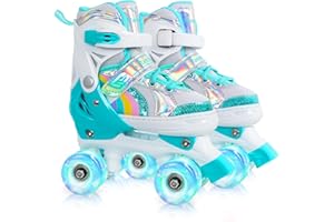 MammyGol Roller Skates for Girls Kids, 4 Size Adjustable Rainbow Quad Skates with All Light Up Wheels for Toddlers Boys Outdoor Indoor