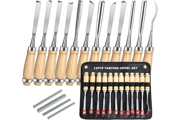 flintronic Ciseaux a Bois, 12PCS Outil de Gravure Bois Kit, Décapage Couteau Sculpture sur Bois avec Manche en Bois et Moulinet, pour Débutants, Sculpteur, Charpentier, Amateur(4 Pierre à Aiguiser)
