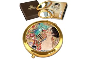 CARMANI - Gold Plated Bronze Pocket, Compact, Travel, Mirror decorated with Klimt Painting 'Lady with Fans'