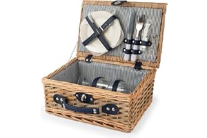 H&H, cestino picnic, set picnic per 2 persone, righe bianche e blu, con piatti, set posate, bicchieri, apribottiglie, dimensioni 36x26x16 cm