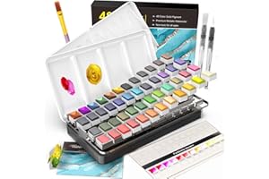 ‎RATEL RATEL Aquarellfarben-Set, Aquarellkasten -- 48 feste Farbpigmente + 1 hochwertiger Pinsel + 20 Blätter + 2 Aquarellstifte, wasserlösliches und leicht zu mischendes Aquarellfarben-Set
