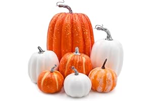 ADQUATOR 7pcs Orange and White Artificial Pumpkins,Autumn Decoration Fake Pumpkins for Thanksgiving Halloween Christmas Festival Decorations