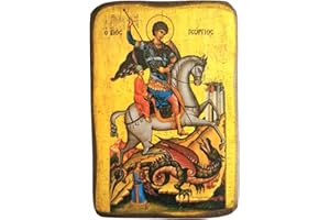 IconsGr Wooden Greek Christian Orthodox Wood Icon of Saint George Riding His Horse and Slaying the Beast / A0