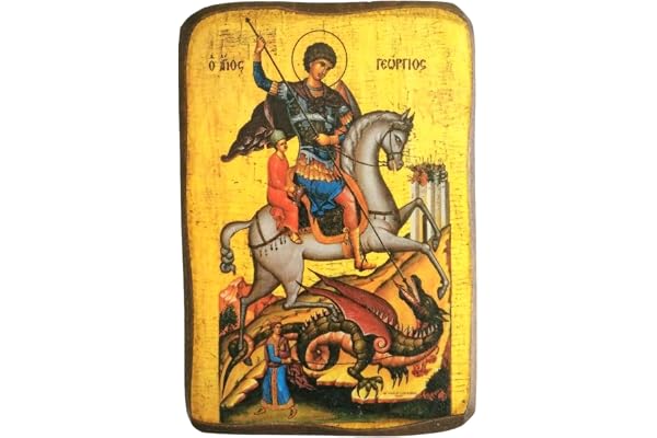 Iconsgr trä grekisk kristen ortodoxt trä ikon av Saint George rider på sin häst och slaying odjuret/A0