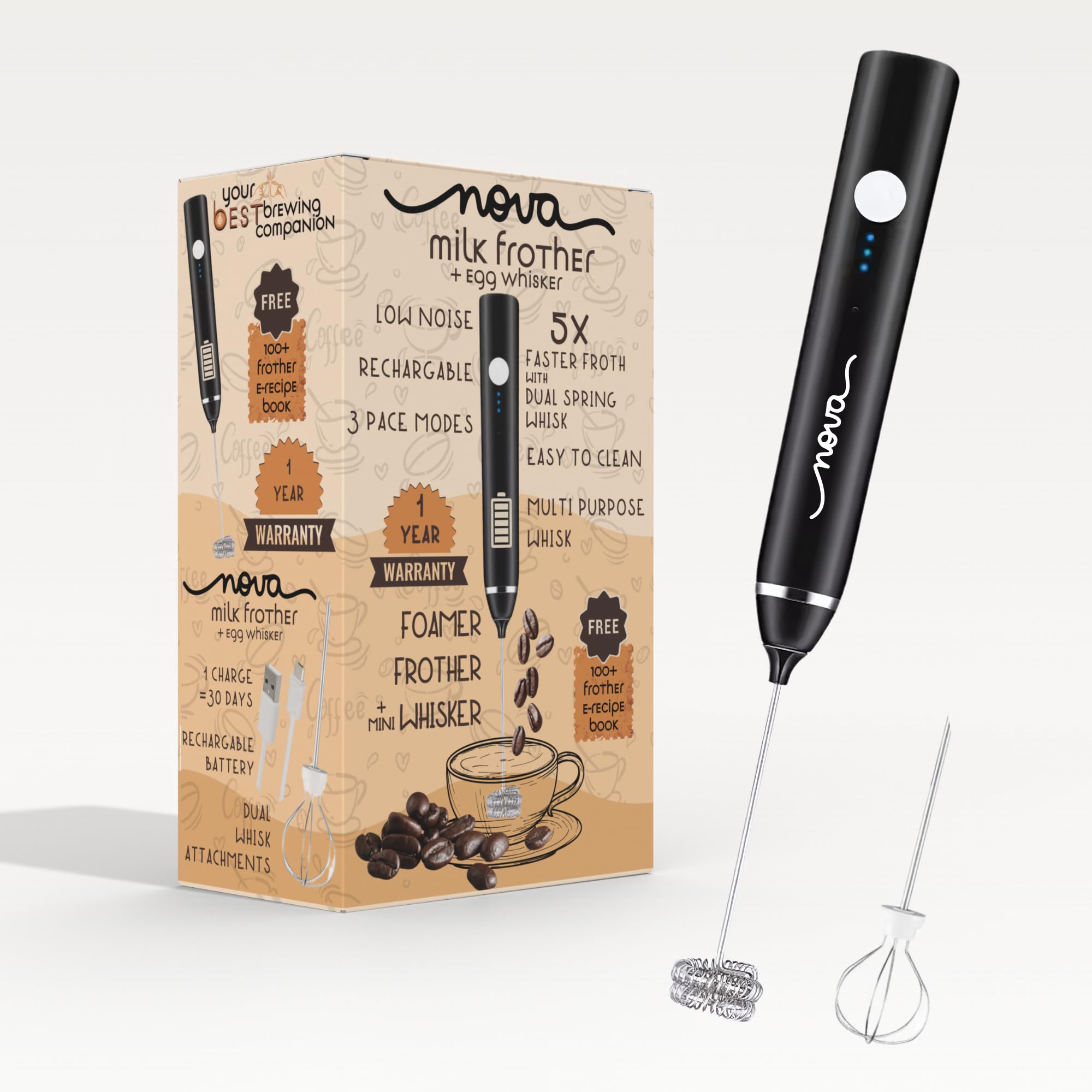 Nova Milk Frother Rechargable Coffee Frother Milk & Beater For Cold Latte 2In1 Handheld Blender And Egg Whisker | 1 Year Warr