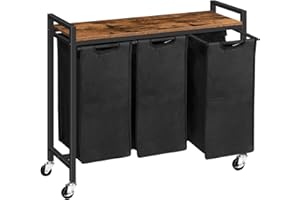 HOOBRO Laundry Basket 3 Compartments, Laundry Sorter 3 × 40 L, Laundry Hamper with Lid, Laundry Trolley on Wheels, Washing Baskets for Bathroom, Bedroom, Rustic Brown and Black EBF38XY01G1