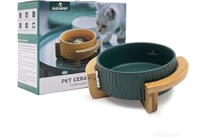 GLÜCKPET Cuenco de Cerámica para Gato, Base de Madera de Bambú, 400 mL, Verde