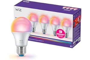 ‎WIZ Żarówka WiZ Smart LED A60, kolor i regulowany odcień białego światła, trzonek E27, odpowiednik 60 W, 2200K–6500K, 806 lumenów, przyciemn, działa z Alexą, Google Assistant i Apple Home, op. 4 szt.