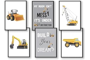 WIETRE® Set of 6 Pictures Construction Vehicles Digger Crane Children's Room Decoration Picture Boy Baby Room Poster DIN A3 XXL Truck Construction Site Decoration (without Frame A3)