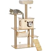 PawHut Cat Scratching Tree 130 cm with 5 Platforms, Hammock, Beige | Cat Tree, Ladder, Cave, Jute Posts, Hanging Ball