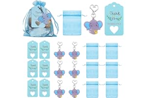 MytaYt 30 Stück Blau Elefanten Schlüsselanhänger PVC Elefante Anhänger Thank You mit Organza Beutel und Kraftpapier Anhänger für Taufe Geburtstag Elefanten-Mottoparty