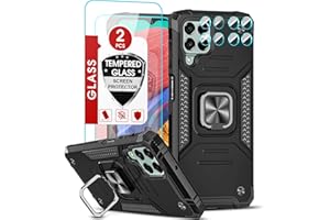 LeYi Etui na telefon Samsung Galaxy M33 5G i 2 osłony ekranu ze szkła hartowanego + 2 osłony obiektywu aparatu, uchwyt pierścieniowy odporny na wstrząsy wojskowa klasa ochronna obudowa telefonu Samsung M33, czarne