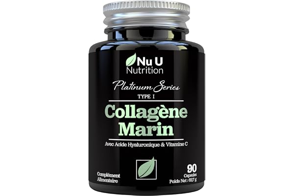 Collagène Marin et Acide Hyaluronique - 90 Gélules - Supplément de Collagène Hydrolysé de Type I avec Vitamines C, E et Minéraux - 1 Mois - Fabriqué en Europe - Nu U Nutrition