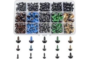 byou Ojos de Seguridad de Plástico,Ojos Amigurumi 150 Piezas 8mm 10mm 12mm Vistoso Sólidos Negros con Arandelas en Caja de Almacenaje para Oso de Peluche Oso Muñeca Marioneta y Manualidades