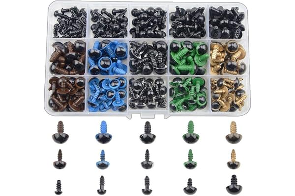 Yeux de sécurité,Yeux de Poupée 150 pièces 8mm 10mm 12mm Coloré Yeux Solides en Plastique avec Rondelles dans Boîte de Rangement pour Teddy Ours Poupée Fantoche et Artisanat