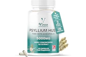 VINCO SUPPLEMENTS Vinco Fibre Supplement 5000mg Psyllium Husk with Acidophilus - High Strength Natural Soluble Fiber from Plantago Ovata Seeds for Digestive Health and Gut Support - 120 Psyllium Husks Capsules