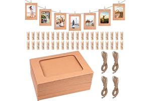 ZORVIXAL 40 Pezzi Marrone Portafoto Cornice in cartone,15 X 10cm Portafoto Cartoncino con 40 Pezzi Clip e 8M Corda da Appendere,Cornice Portafoto in Carta Kraft,per Foto DIY,Cornici Carta,Hanging Decorazione